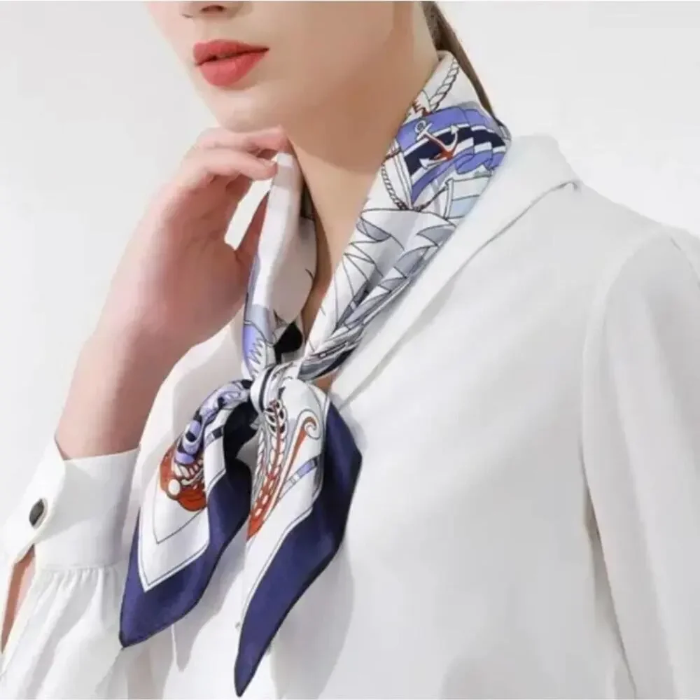 Ladies's Mulberry Silky Scarf Classic Marine Print Blue & White